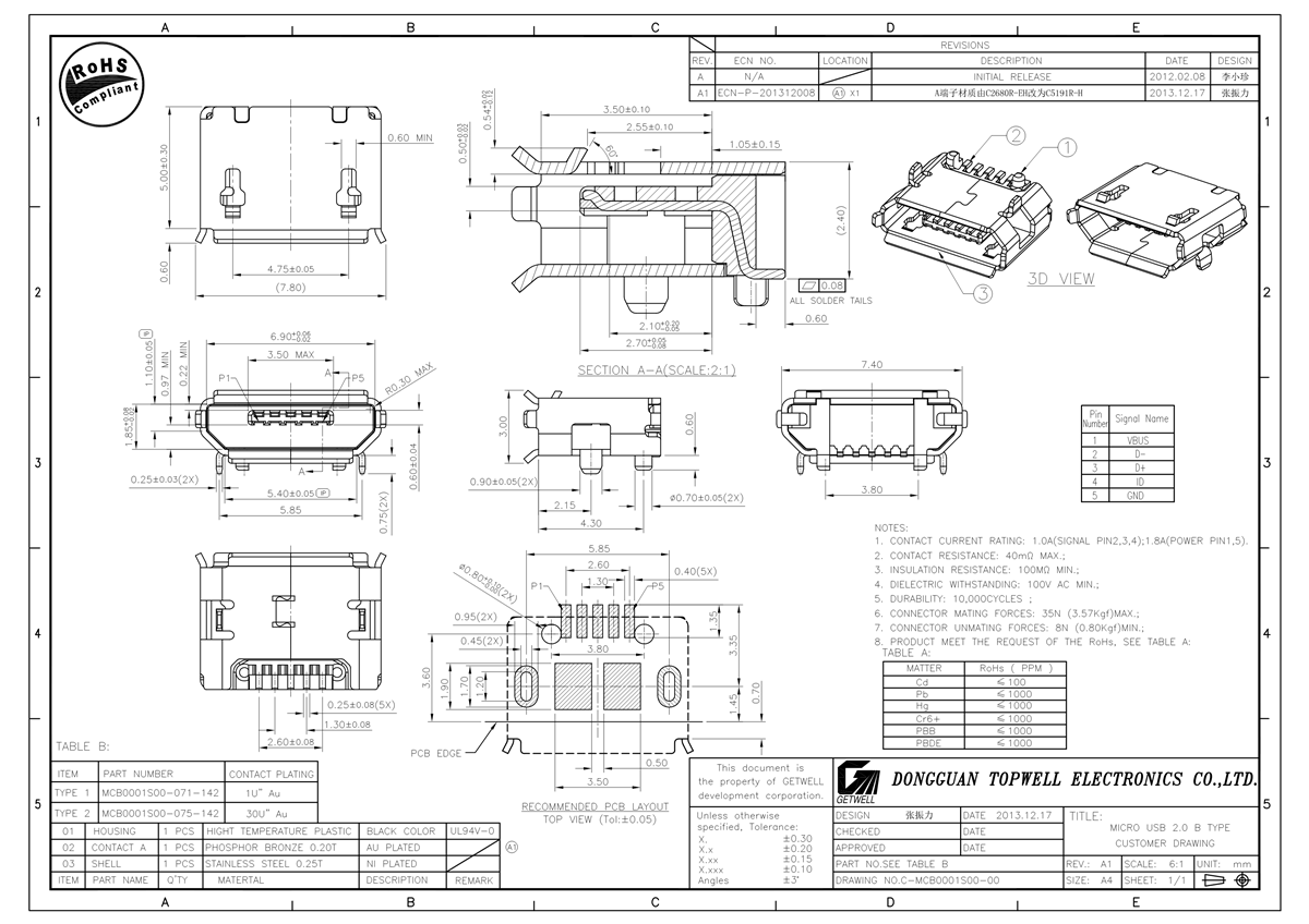 micro usb卡座 MCB0001S00-071-142